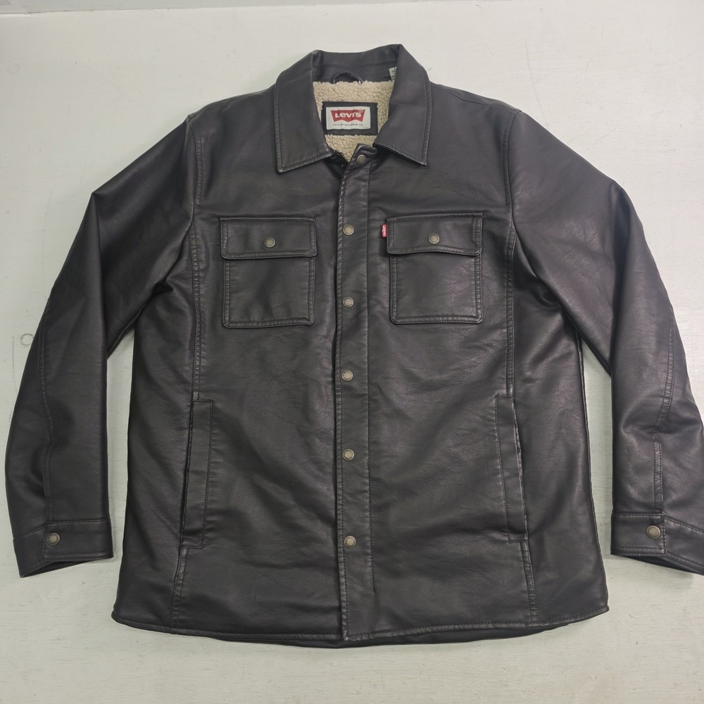 Levis Levi's Faux Leather Sherpa Lined Jacket Dark Brown Winter Coat Men's L EUC